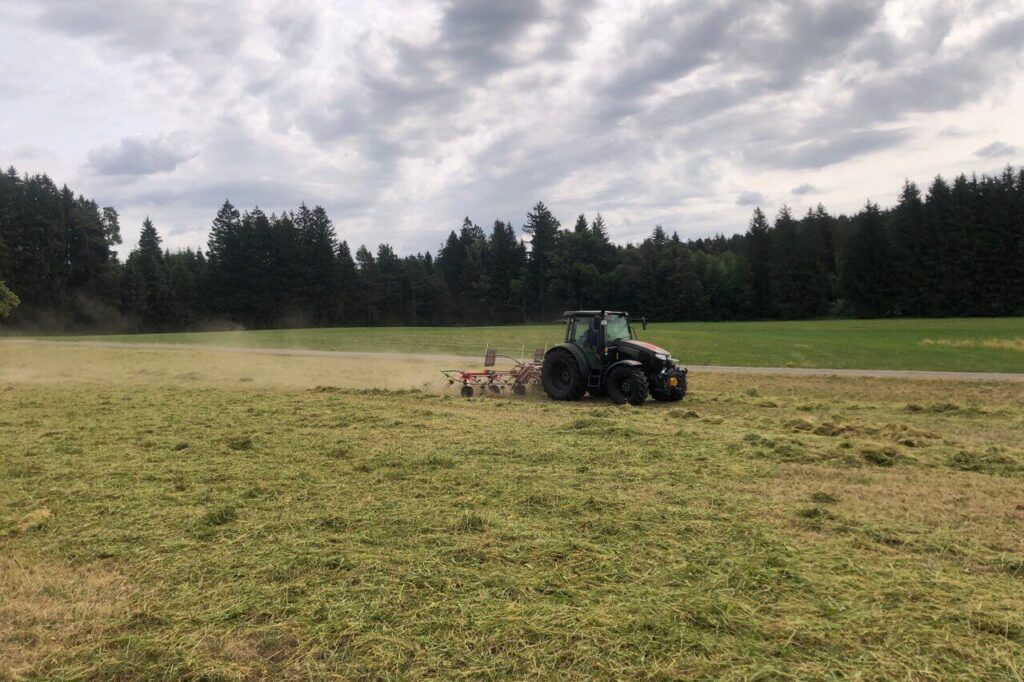 Mahdgut wird mit einem Kreisler auf der Fläche verteilt